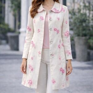 Cynthia Steffe White Pink Floral Embroidered Jacket Coat Boho Spring Size S
